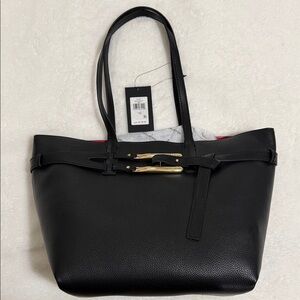 Black Leather Tote Bag with Gold Accent